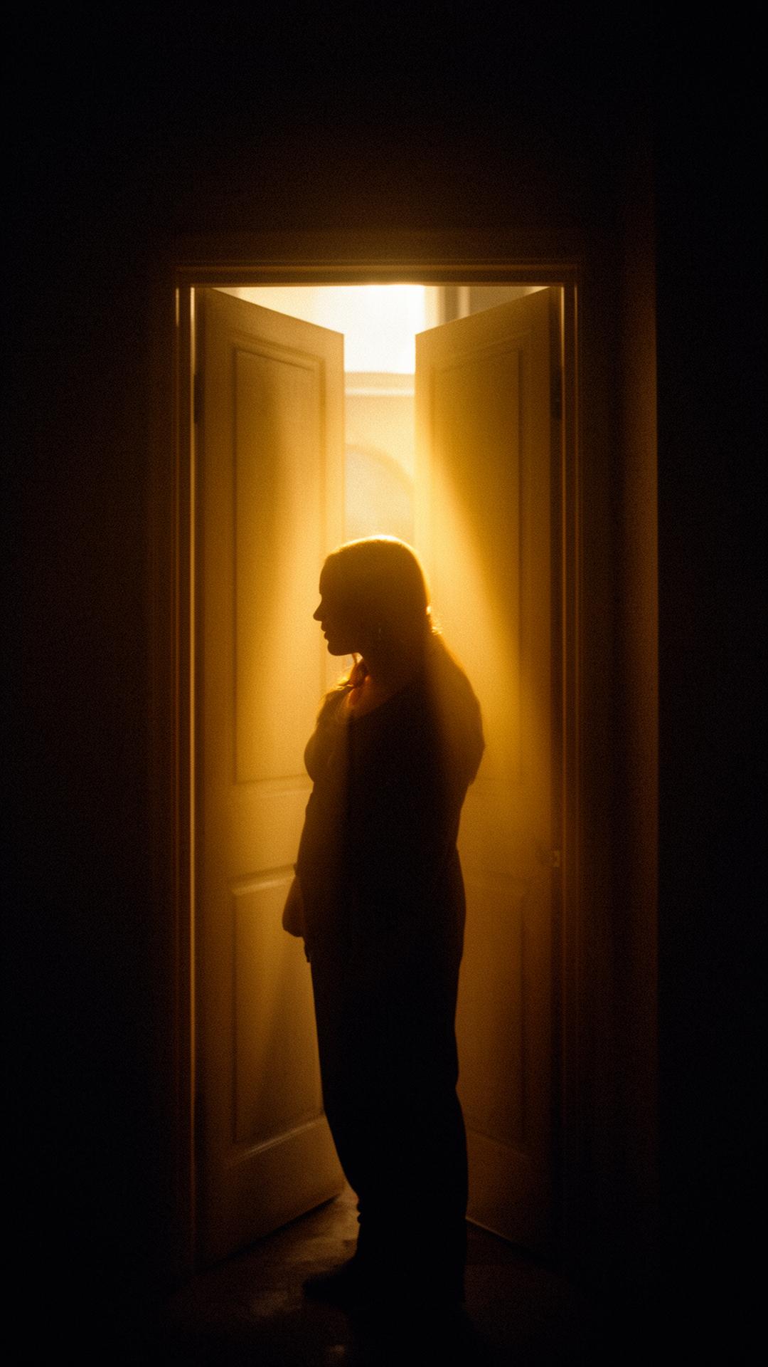 Silhouette stepping through a doorway into warm golden light, symbolizing recovery and new beginnings